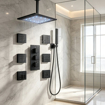 Mosson Matte Black Recessed LED Shower Panel System, Ceiling‑Mount Square Rain Shower, 6 Body Jets & Handheld Wand with Rough‑In Valve