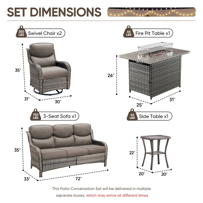 Ensemble de conversation d'extérieur en osier 5 pièces Simino, 5 pièces: canapé, 2 chaises, table de bout, foye, Gris, Gris