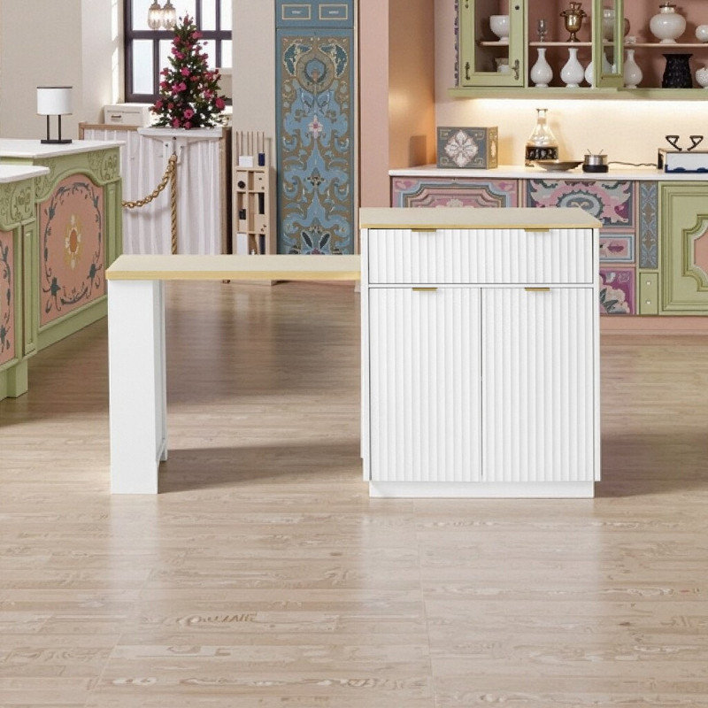 Table pour îlot de cuisine extensible 82,6 po avec plateau de rangement double face en faux courant et panneau cannelé pour 4 à 6 sièges