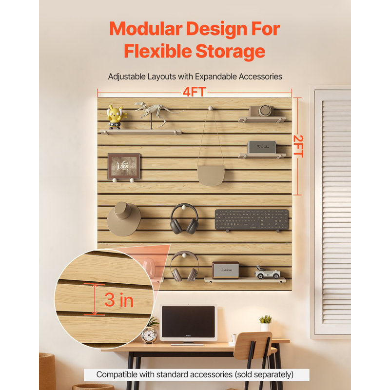 Panneau mural à lattes, 4 x 4 pi, panneau de lattes en panneau de fibres à densité moyenne avec conception modulaire, panneau à lattes réglable facile à installer avec structure d'accouplement et découpage bricolage, convient pour le rangement et la présentation