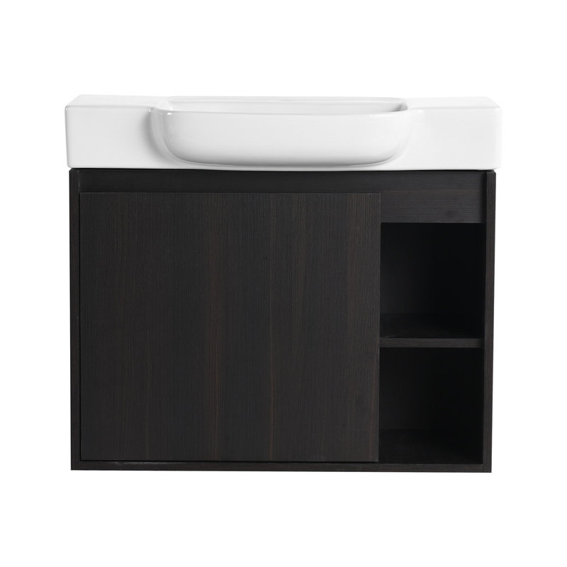 Meuble-lavabo mural 28 po avec lavabo en céramique blanche et porte à fermeture en douceur 28 po, Chêne foncé