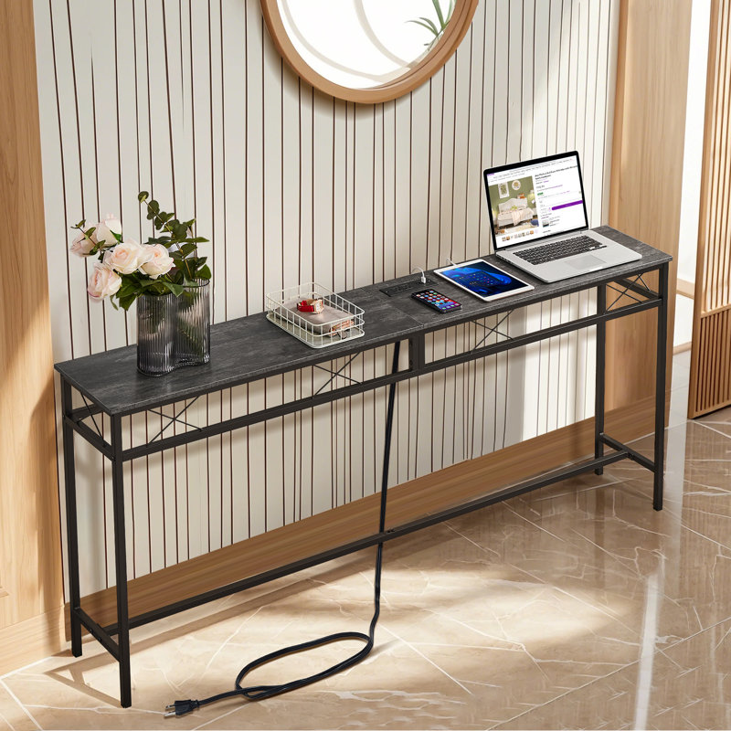 Console Ramsdell avec prises intégrées, H 31,5 po x l 55,1 po x P 11,8 po, Gris anthracite