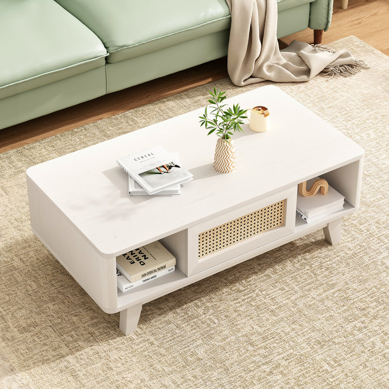 Table basse en rotin avec rangement 43,3 po pour le salon, Blanc