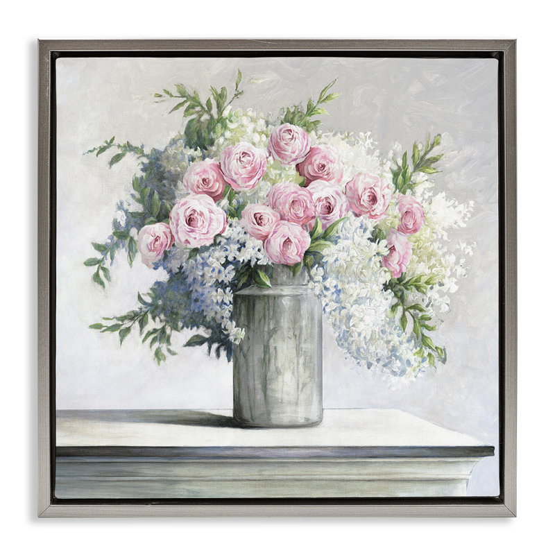 Doux roses roses, art mural encadré sur toile flottante par Dogwood, Cadre flottant gris lustré, H 18 po x l 18 po