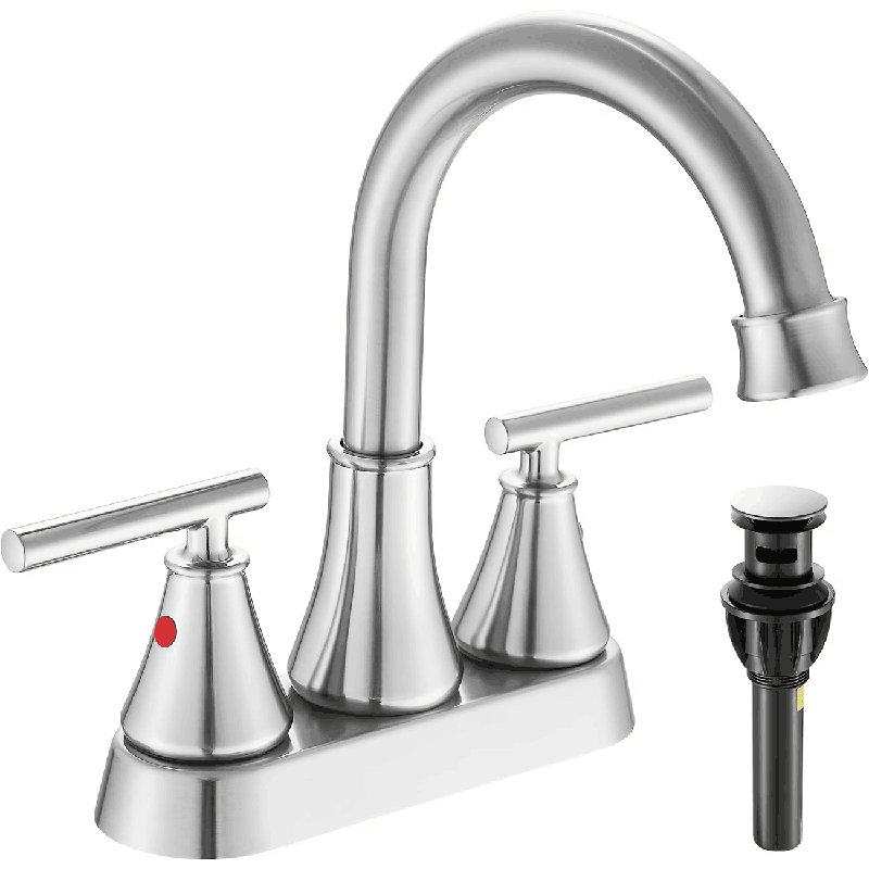Robinet de salle de bain à 4 poignées et robinet à 4 poignées avec bonde escamotable pour salle de bain, Nickel brossé