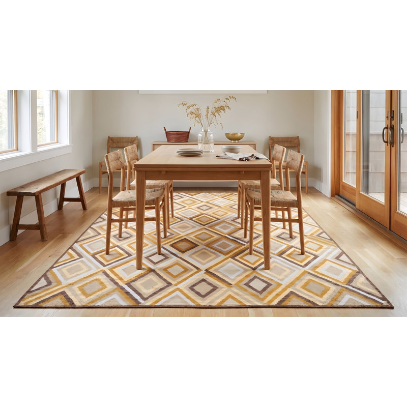 Tapis en laine noué à la main de conception unique 9 pi x 12 pi moutarde / brun / blanc / beige