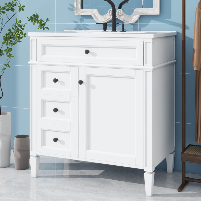 Meuble-lavabo 30 po avec lavabo en céramique, armoire de rangement autoportante moderne avec 1 porte, 2 tiroirs et tiroir basculant, structure en bois massif
