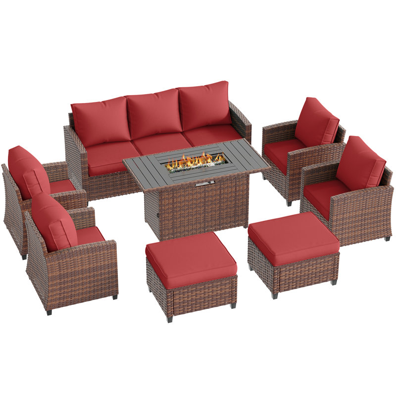Ensemble de conversation d'extérieur 7 personnes avec table foyer, Rouge, Brun