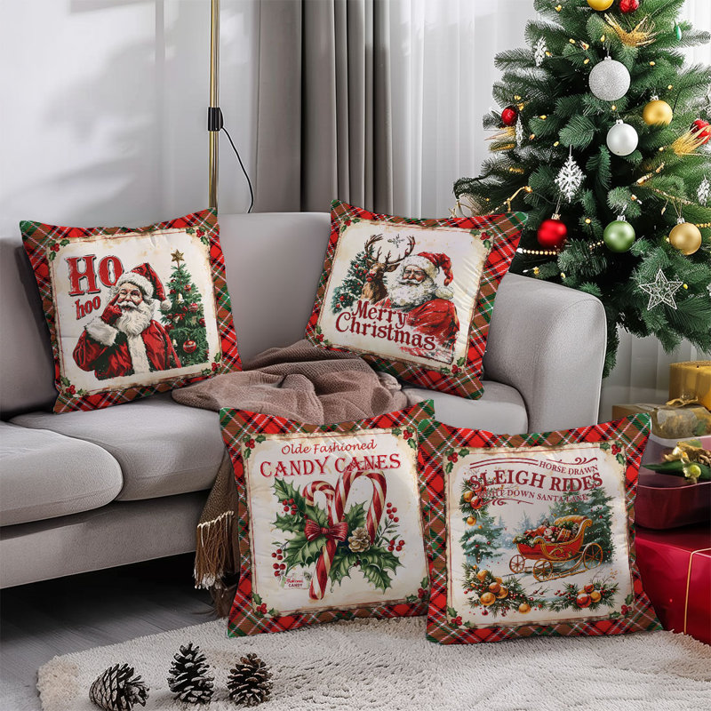 4 Pcs Santa Claus Pattern Decorative Pillow Covers