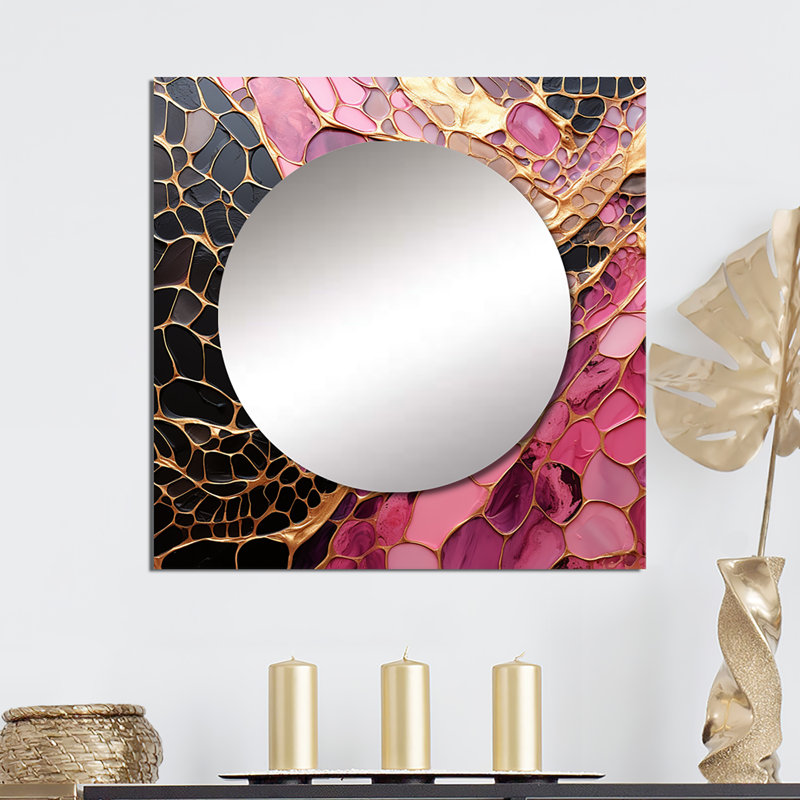 Jolynda - Minimalisme, poteries or rose I, spirales abstraites et grand miroir mural pour chambre, 23 po x 23 po