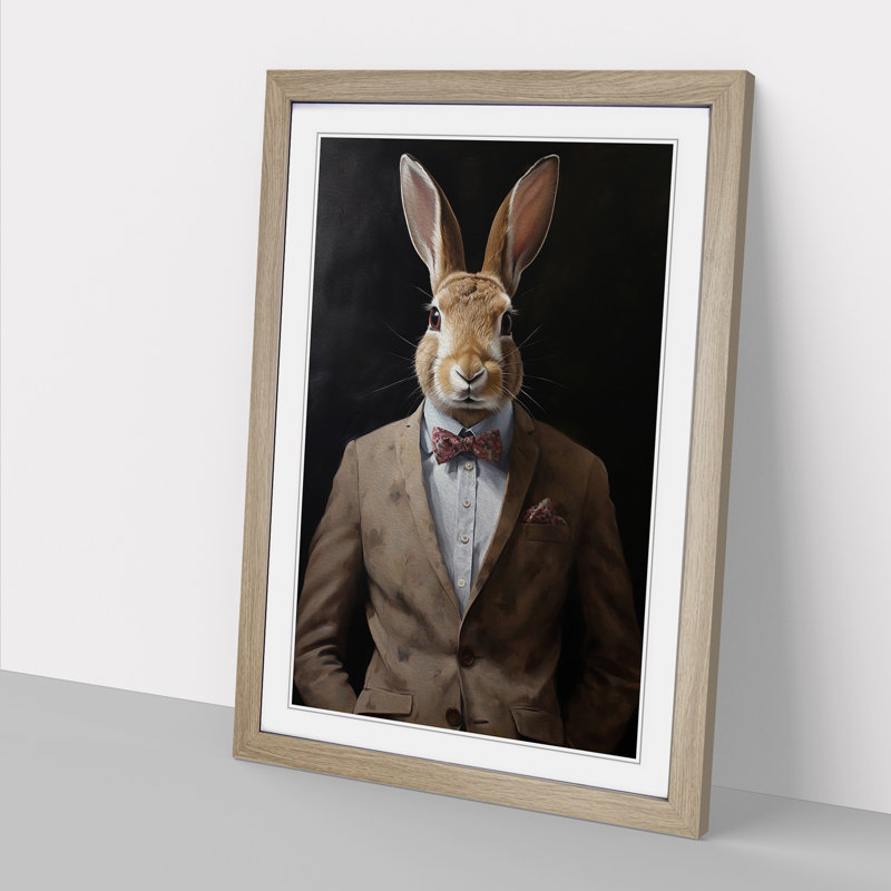 Rabbit in a Suit Painting - Framed Print, 34cm H x 25cm W x 2cm D, Oak Framed