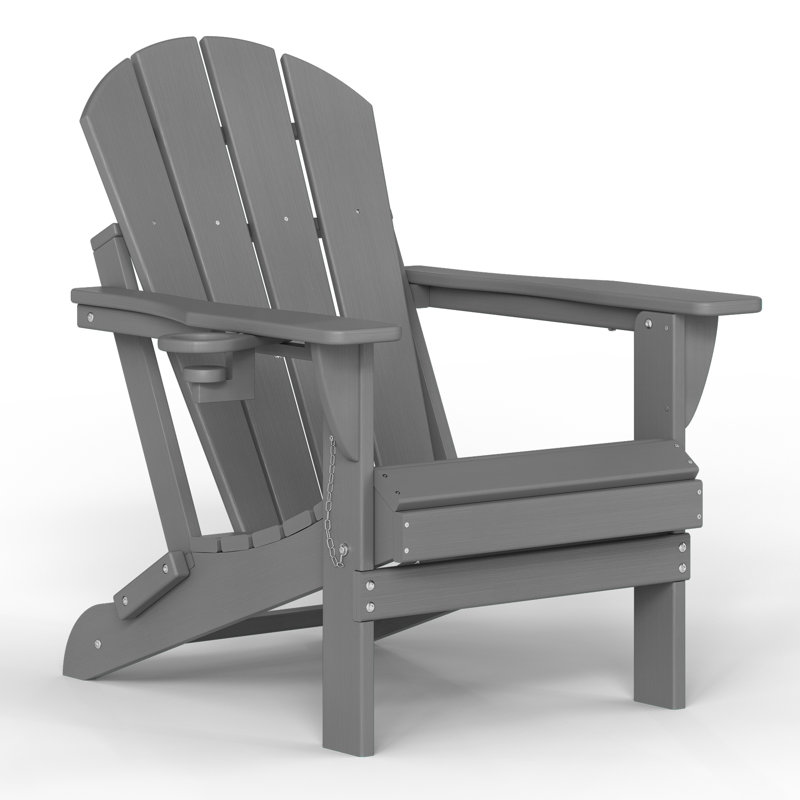 HDPE Outdoor Adirondack Foldable Chair With Cup Holder, Gray