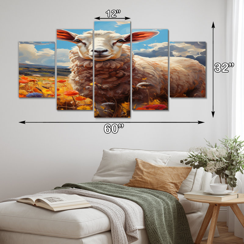  «Sheep Vibrant Meadows - Reproduction d'art sur toile - 5 panneaux