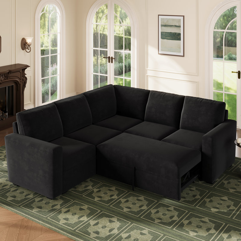 Canapé-lit modulaire en forme de L Hoelscher avec rangement noir, Velours noir