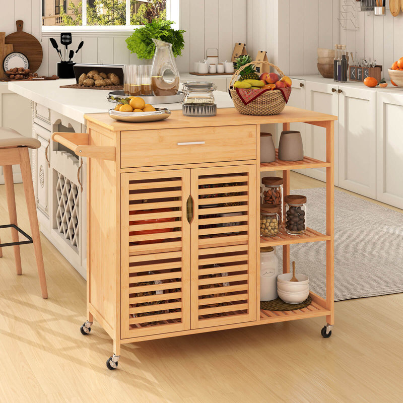 35.5" Kitchen Island Cart With Lockable Wheels Drawer Open Shelves Towel Bar
