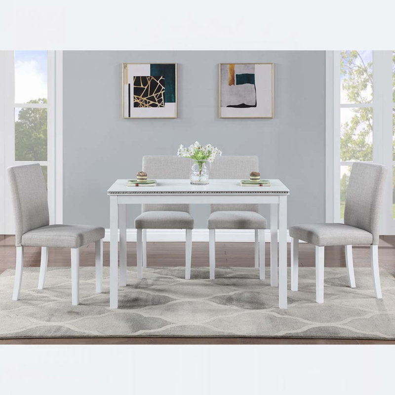 5 Piece Wooden Dining Table Set, White/Light Gray, 5 Pieces: Table, 4 Chairs, 30" H x 45.5" W x 28.5" D