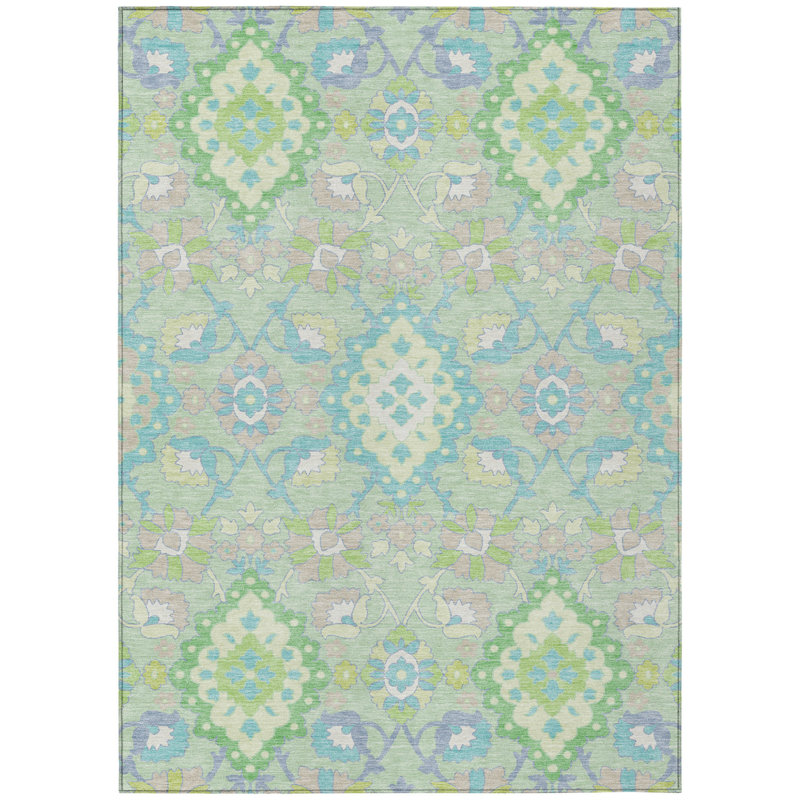 Tapis intérieur / extérieur lavable 8 pi x 10 pi vert menthe, bleu et ivoire