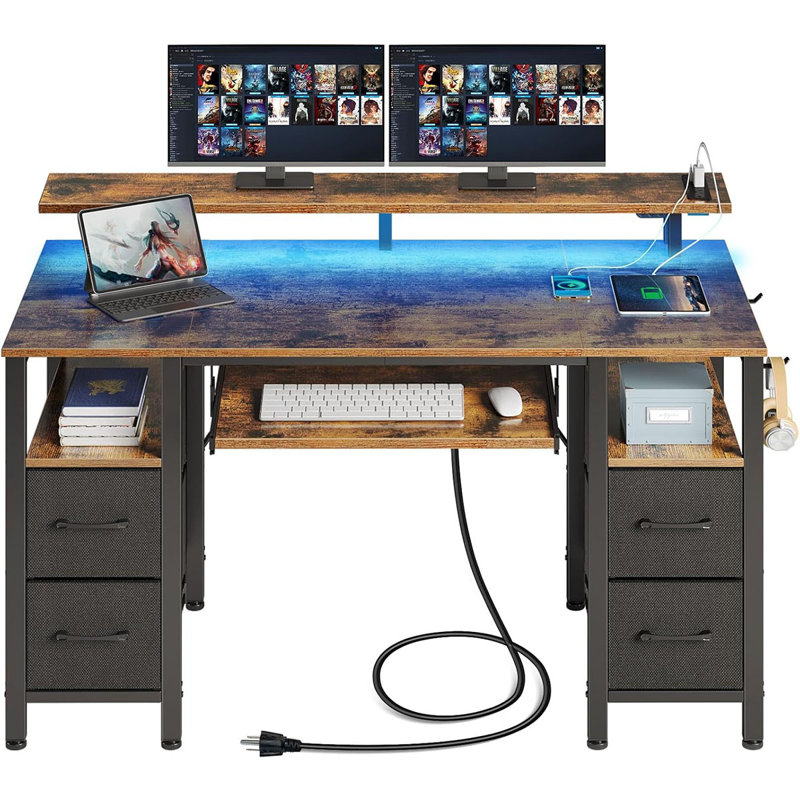 Computer Desk With LED Lights & Power Outlets, Home Office Desk With 4 Drawers, Writing Desk With Keyboard Tray, Study De Sk With Monitor Stand, Work For Home Office