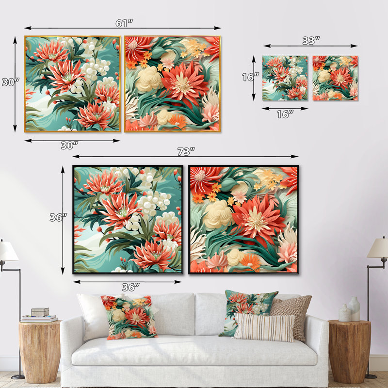 Tropical Coastal Escape - Ensemble de 2 collages carrés floraux, Toile tendue, H 30 po x l 61 po