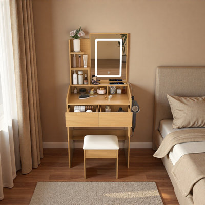 Coiffeuse avec miroir lumineux à DEL, prise de courant, support pour sèche-cheveux et tabouret - coiffeuse compacte pour petites chambres
