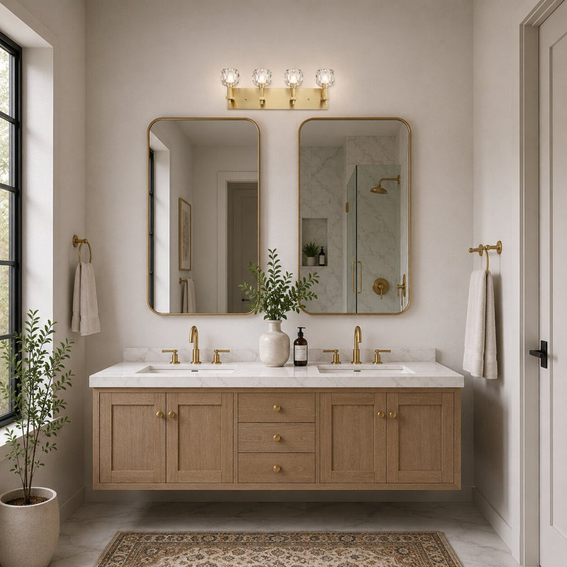 4-Light Gold Wall Sconce With Clear Crystal Shades, Gold