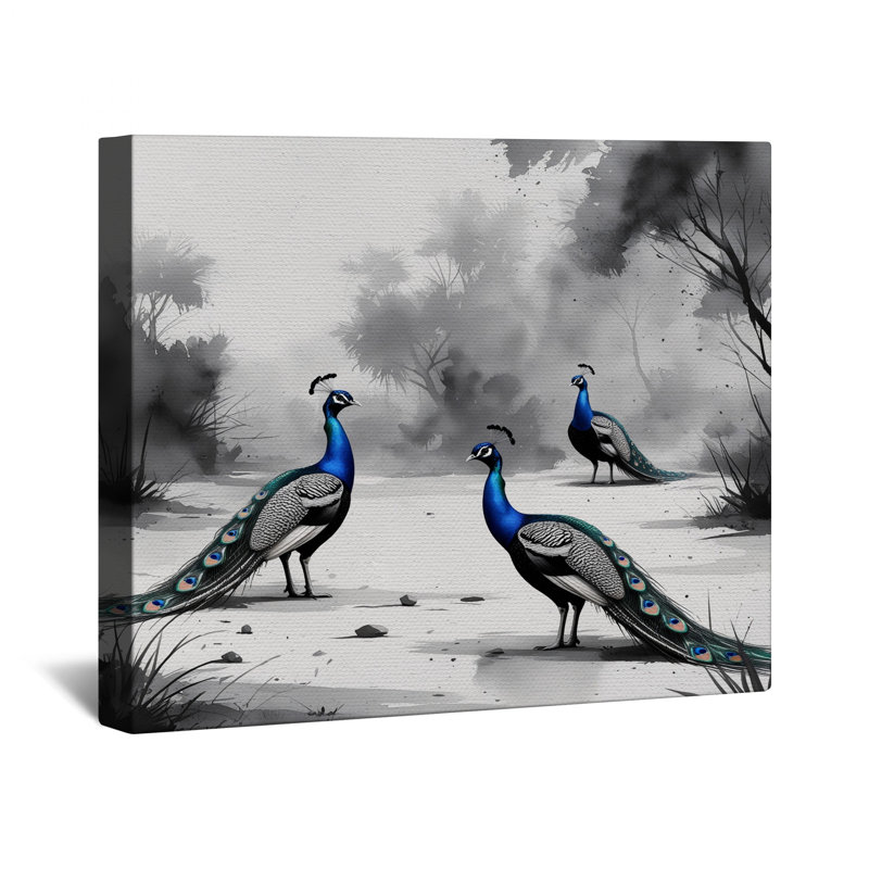 Toile tendue bleue avec paons bleus dans une forêt, 16 po x 20 po