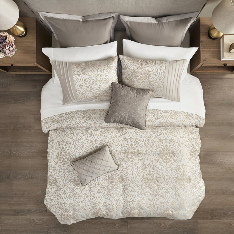 Édredon 12 pièces en kaki pour grand lit, avec motif, fil doré métallique et taies d'oreiller dorées, drap en microfibre douce