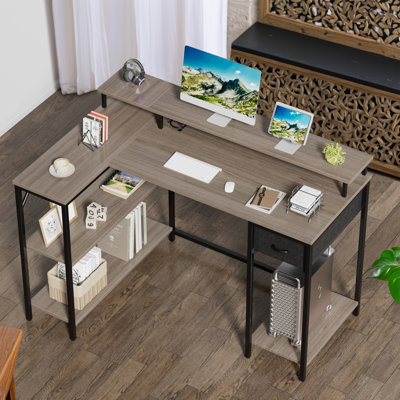 Katalina 48.4"Reversible L-Shaped Desk with LED with Power Outlets and Shelves by 17 Stories