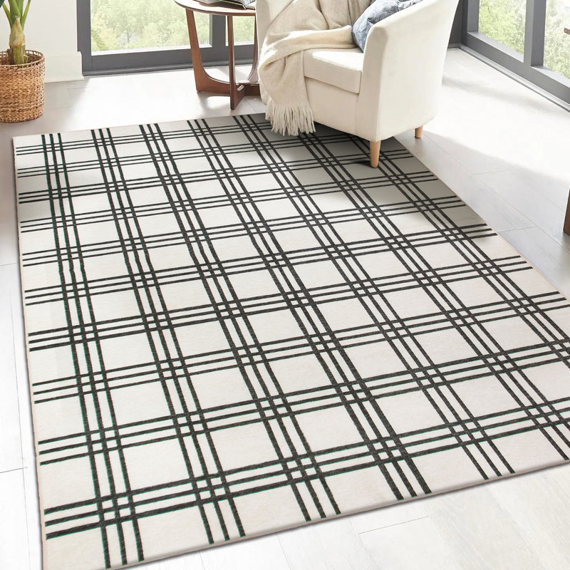 Plaid Black And Cream Performance Flatweave Washable Indoor / Outdoor Rug, Rectangle 5' x 7'