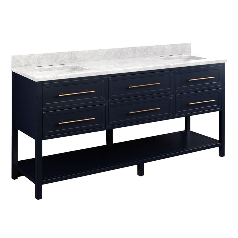 72" Robertson Double Bathroom Vanity Set with Rectangular Undermount Sinks, Midnight Navy Blue, 8" Widespread, Carrara Marble