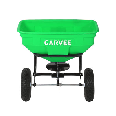 Épandeur de remorquage robuste de 125 L à largeur de diffusion de 9,8 pi, attelage universel, idéal pour UTV / VTT / tracteur, engrais, graines, fonte de sel et de glace, vert (Douzi) + moyeu de roue blanche à tige noire, traction de type 125 L