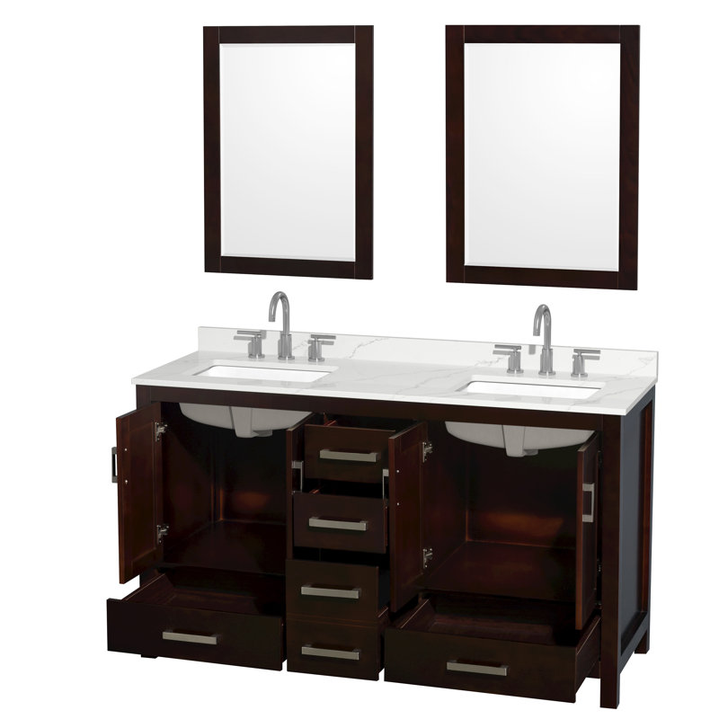 Sheffield 60" Freestanding Double Bathroom Vanity with Quartz Top with 24" Mirrors, Brown, Giotto Quartz