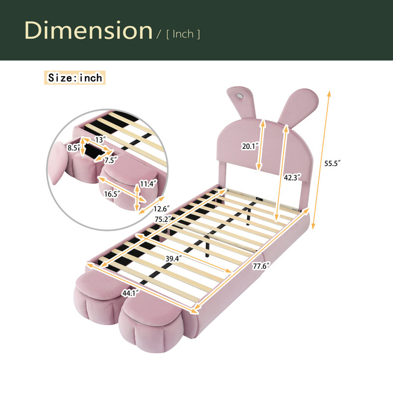 Lit plateforme tapissier simple avec tête et lumière en forme de oreilles de dessin animé