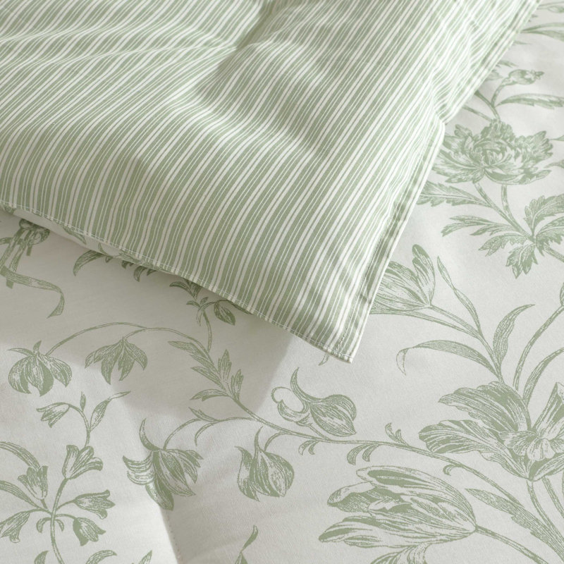 Laura Ashley Natalie Floral Cotton Comforter Bonus Set, Queen Comforter + 4 Shams + 2 Throw Pillows, Green