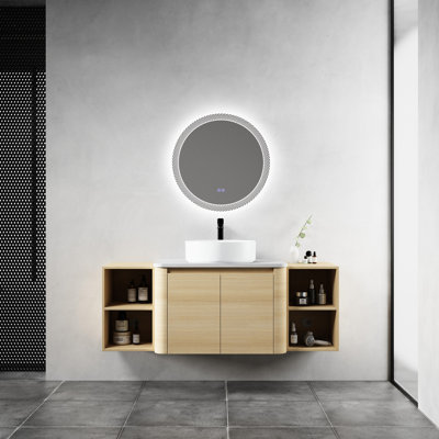 Meuble-lavabo de 137 cm avec lavabo en céramique décorative, 2 tablettes de rangement, portes à fermeture amortie, emballage démontable, contreplaqué - Décoration contemporaine, bords arrondis uniques, fermeture silencieuse, surface lisse facile à teindre