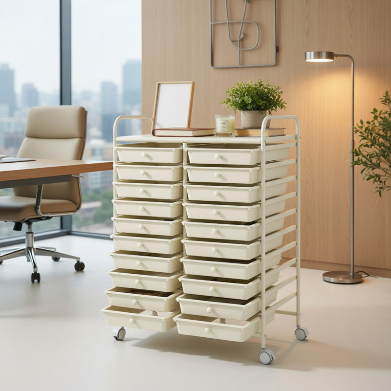  Chariot de rangement roulant 20 tiroirs avec roulettes verrouillables, structure en acier et tiroirs en plastique, organisateur de studio pour la maison, le bureau, le garage et la salle de classe, beige