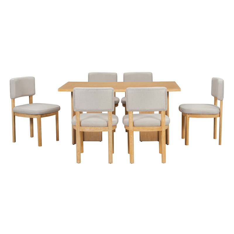 Ensemble de table de salle à manger en bois 7 pièces avec chaises rembourrées Panaha Farmhouse, Bois naturel délavé