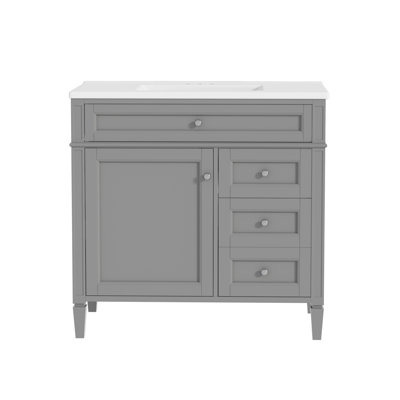 Meuble-lavabo moderne avec un lavabo de 91 cm de large, fini gris, avec 2 tiroirs et lavabo en céramique intégrée.