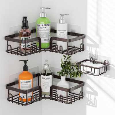 Panier de douche adhésif en acier inoxydable, résistant à la rouille, avec porte-savon, brun