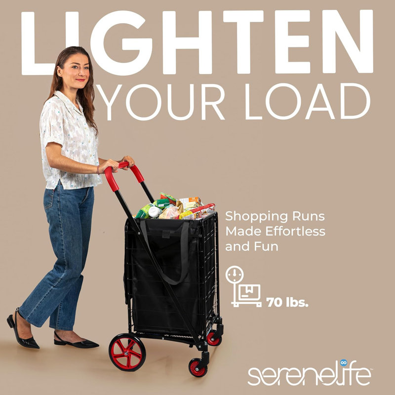 Serenelife Small Foldable Shopping Cart With Removable Cart Liner, 360 Degree Rolling Swivel Wheels, 70 Lbs. Weight Capacity For Groceries, Laundry And Luggage (Red)