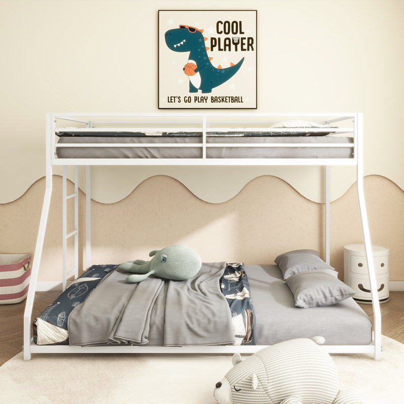 Adam Sturdy Twin Over Full Bunk Bed Metal White For Kids And Adult, Low Profile And Easy Climbing With Stable Ladder
