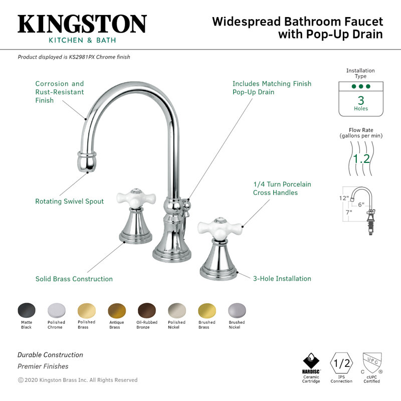 Kingston Brass Governor Two-Handle 3-Hole Deck Mount Widespread Bathroom Faucet with Brass Pop-Up Drain, Polished Chrome