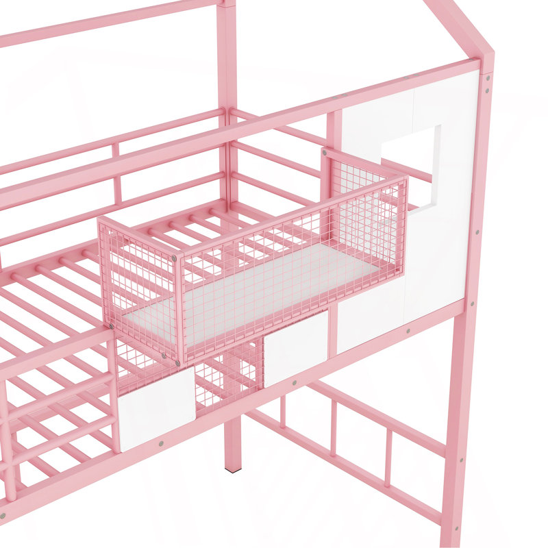 Lit mezzanine en métal avec toit et boîte de rangement, simple, rose