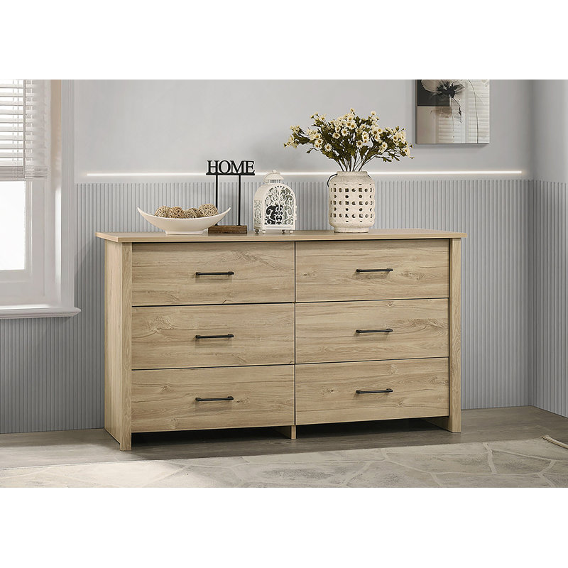 Commode 6 tiroirs avec poignées en métal, Chêne clair
