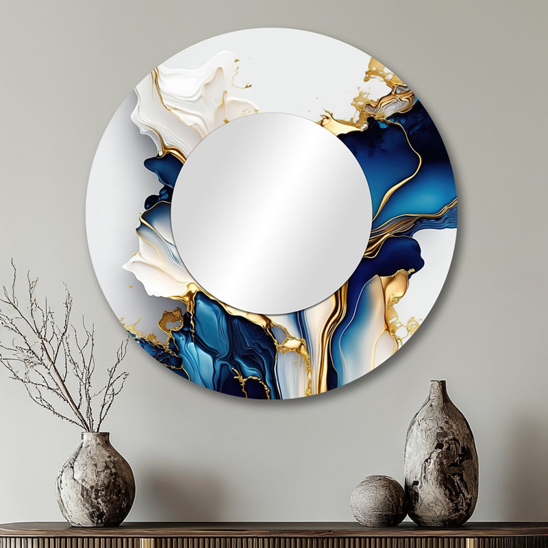 Storz Abstract Geode Gold And Blue Marble Shape III - Marble Mirror, Blue Round Decorative Wall Mirror, Printed Metal Art
