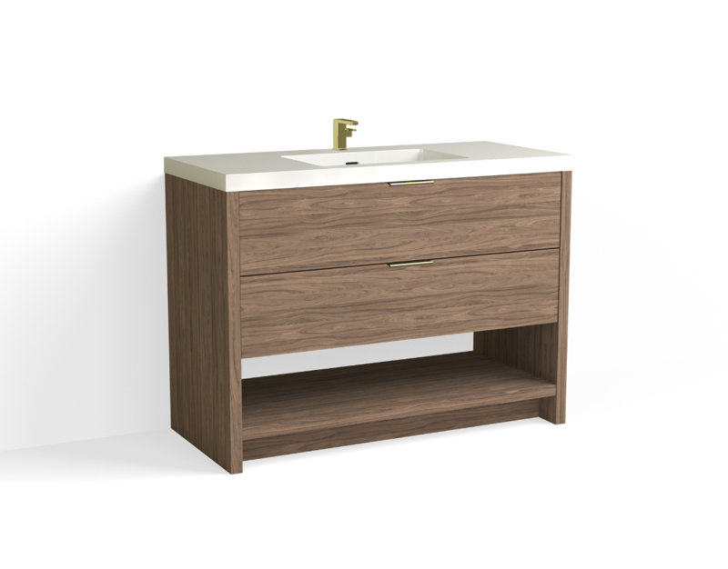 Vue 48" W Freestanding Single Bathroom Vanity, Nocino, Glossy White/Single, Satin Brass