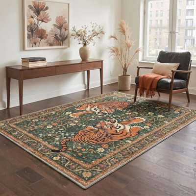 4x6 Rug Machine Washable Low Pile Non Slip, Kitchen Bathroom Entryway Front Door Mat, Indoor Small Floor Rug with Print Pattern, Fighting Tigers Forest Green