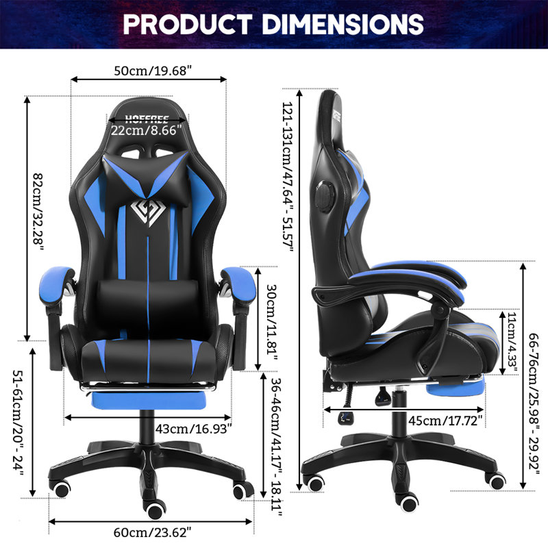 Hoffree LED Ergonomic Gaming Chair with Bluetooth Speakers and Vibration Lumbar Pillow, Blue/Black
