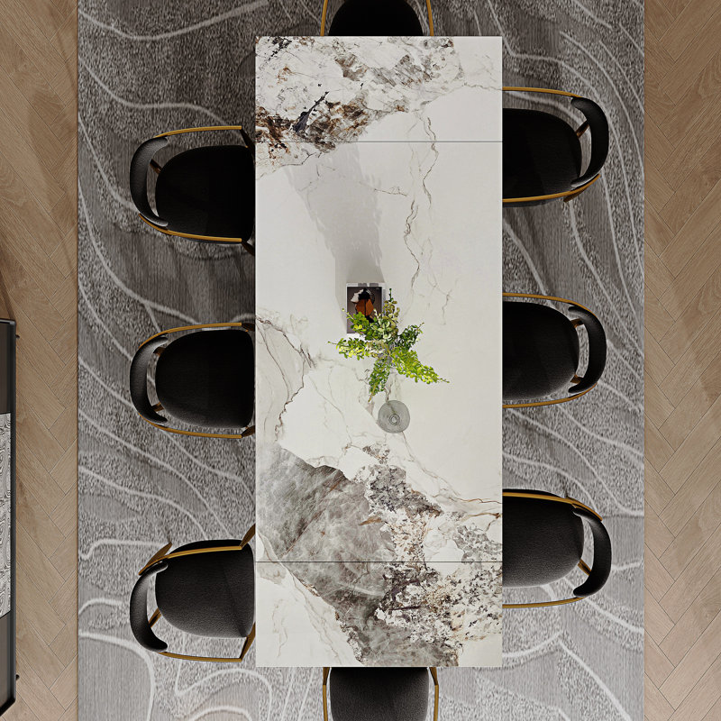 9 - Piece Dining Table Set With 94.5'' Extendable Sintered Stone Dining Table And 8 Fabric Chairs, Black/Gold