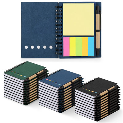 30-Pack Spiral Notebook Set with Ballpoint Pens, Pocket Size Lined Journals with Elastic Band, Sticky Notes & Color Bookmarks, 3.9x5.1 Inch, 30 Sheets per Book(Black/Blue/Green)